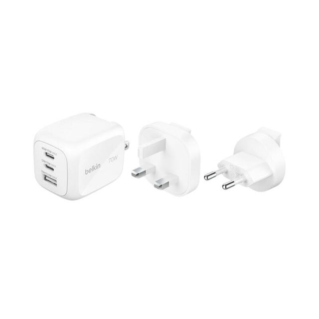 Belkin 70w 3-Port GaN Wall Charger With Interchangable Plug Tips WCH018hqWH White