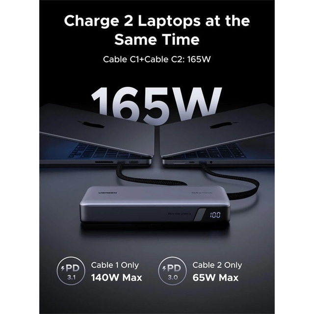 Ugreen Nexode 25000mAh Type-C USB Power Bank With Built-in Type-C Cable 55995B Grey