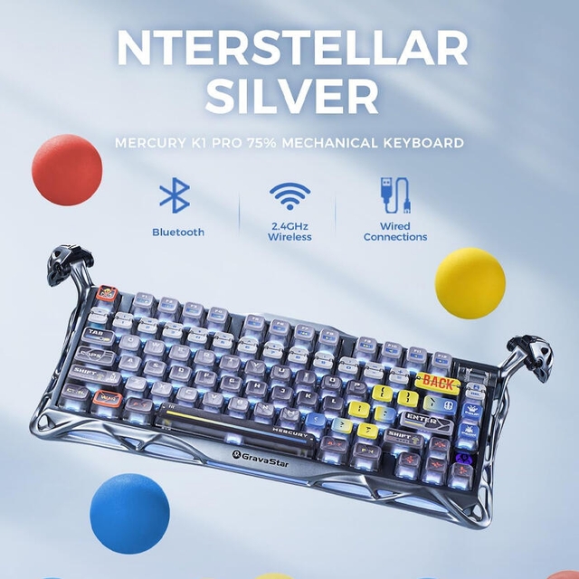 GravaStar Gaming Keyboard Mercury K1 Pro 75% Wireless Mechanical Interstellar Silver