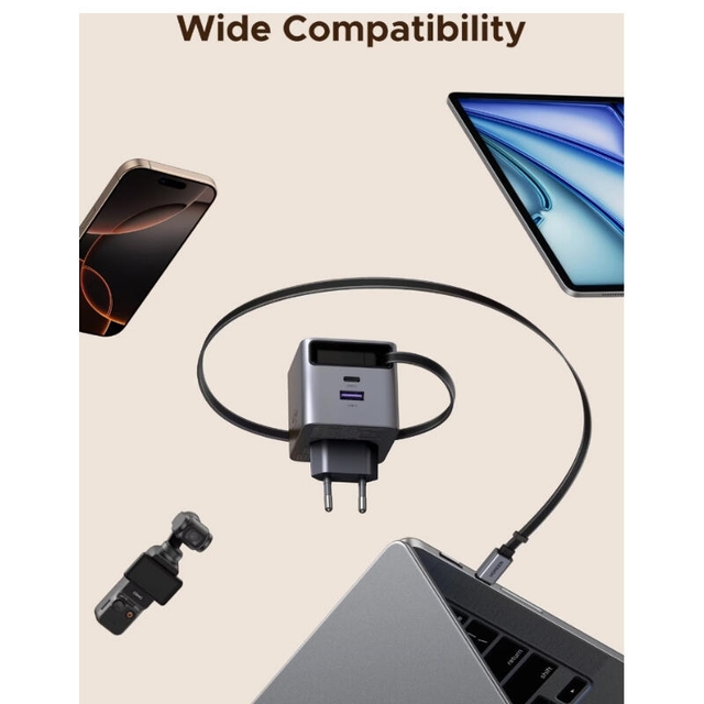 Ugreen 45W GaN Fast Charger With Retractable Cable 65822 Grey
