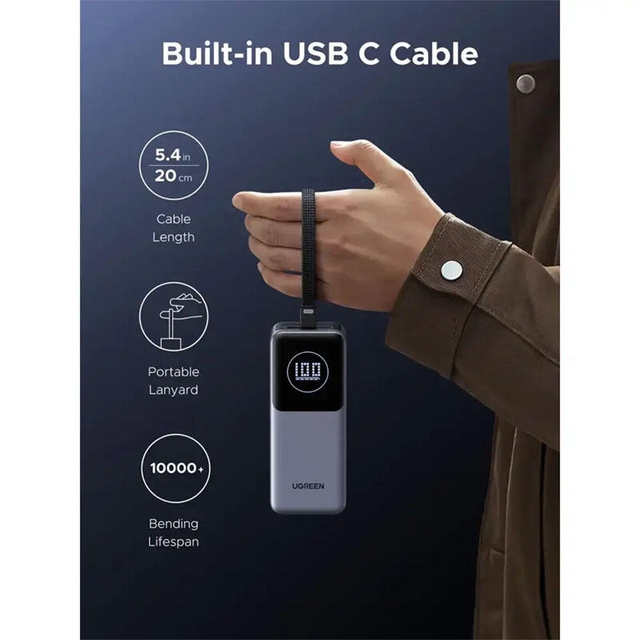 Ugreen Nexode 20000mAh Type-C USB Power Bank With Built-in Cable 55365B Grey
