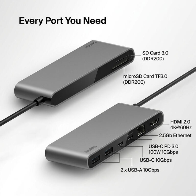 Belkin Connect USB-C 8-IN-1 Multiport Hub 2.5GBE INC024hqSGY Grey