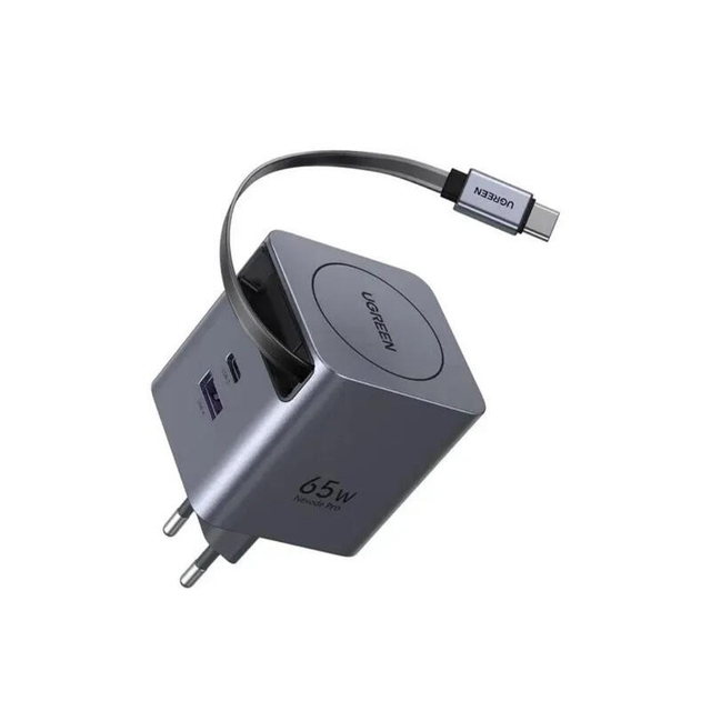 Ugreen 65W GaN Fast Charger With Retractable Cable 65825 Grey