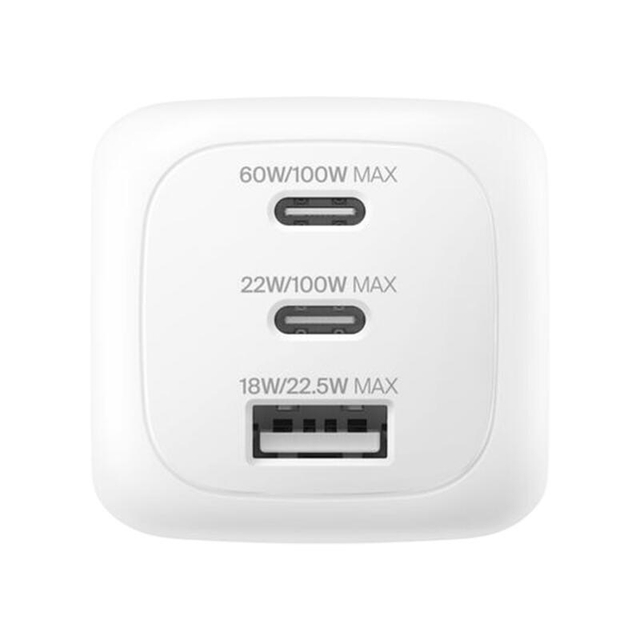 Belkin 100w 3-Port GaN Wall Charger With Interchangable Plug Tips WCH016hqWH White