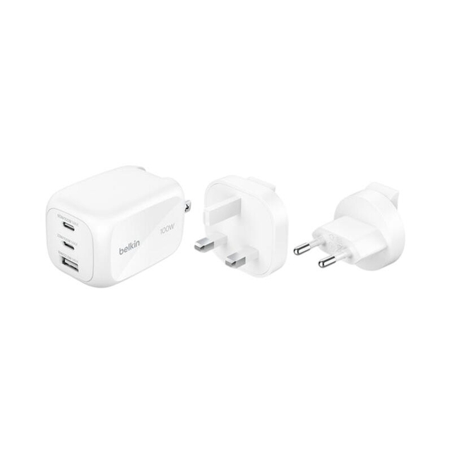 Belkin 100w 3-Port GaN Wall Charger With Interchangable Plug Tips WCH016hqWH White