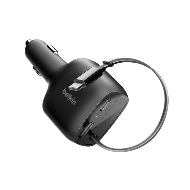 Belkin 75W 2-Port with Retractable USB-C cable Car Charger CCC001hqBK Black