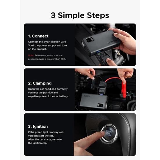 Ugreen 12000mAh USB-A Type-C Car Jump Starter Power Bank with Digital Screen and LED Light 35977 Grey