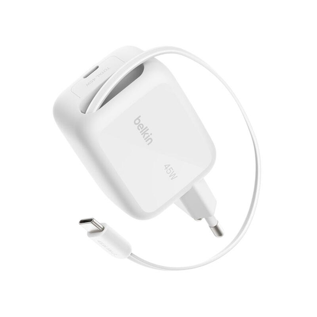 Belkin 45w USB-C With Retractable USB-C Wall Charger WCH023kqWH White