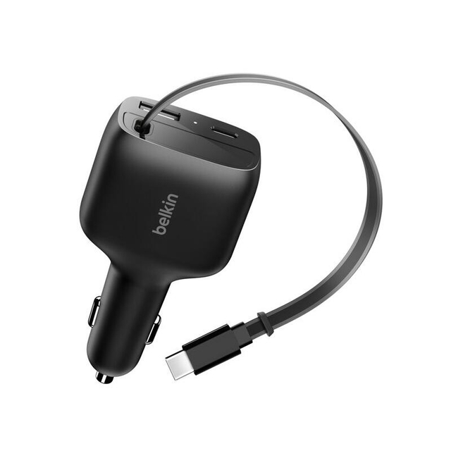 Belkin 75W 2-Port with Retractable USB-C cable Car Charger CCC001hqBK Black