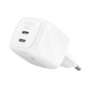 Belkin 50W Dual USB-C GaN Wall CHarger With PPS WCH019kqWH White